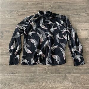 Who What Wear Sheer Black High Neck Blouse w/ Feather Print, Size Small